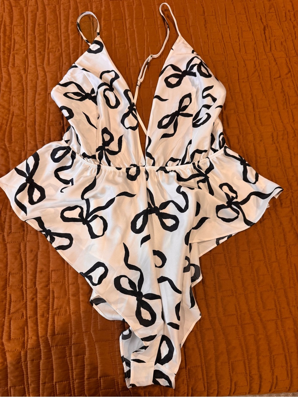 Victoria's Secret White & Black Printed Peplum Teddy